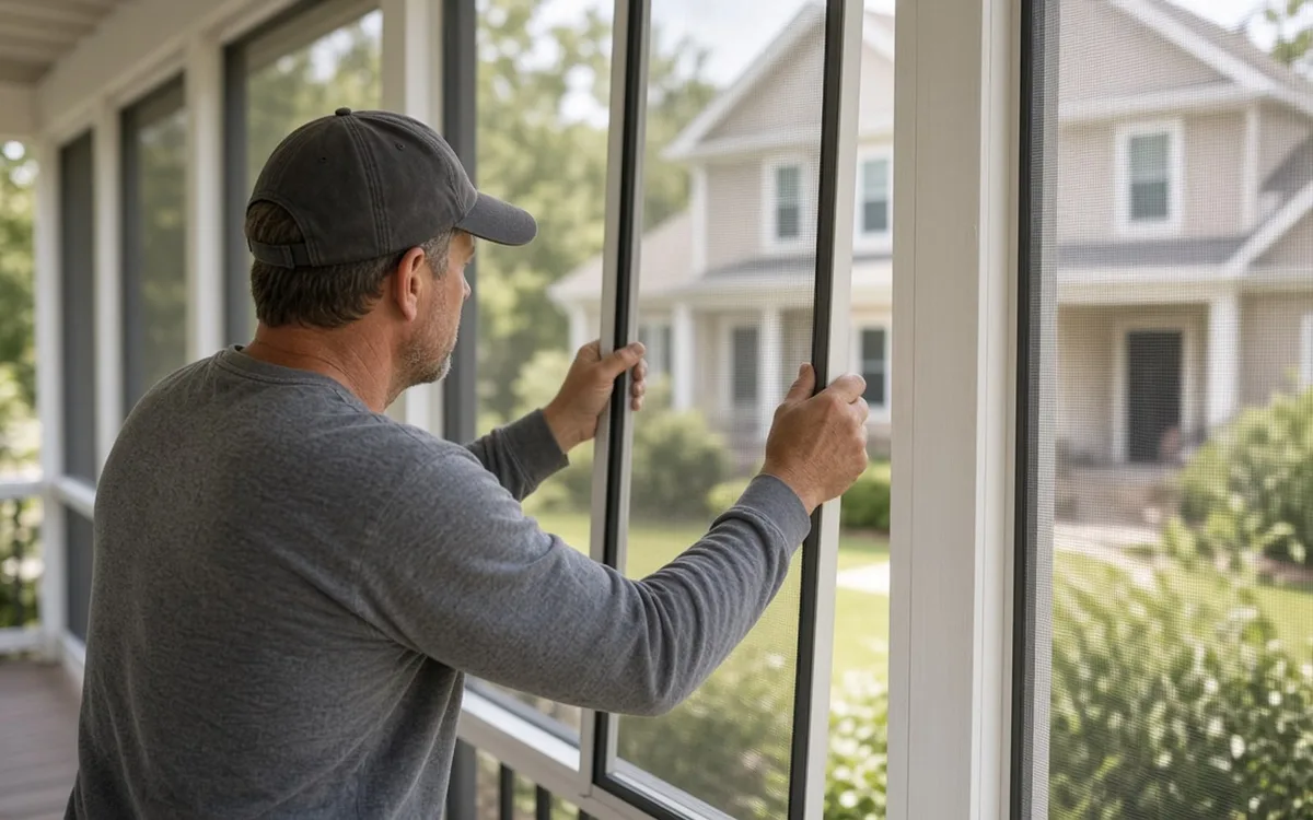 Man in a grey cap gripping dark screen frame members on a porch, looking out toward a lawn and a two-storey house