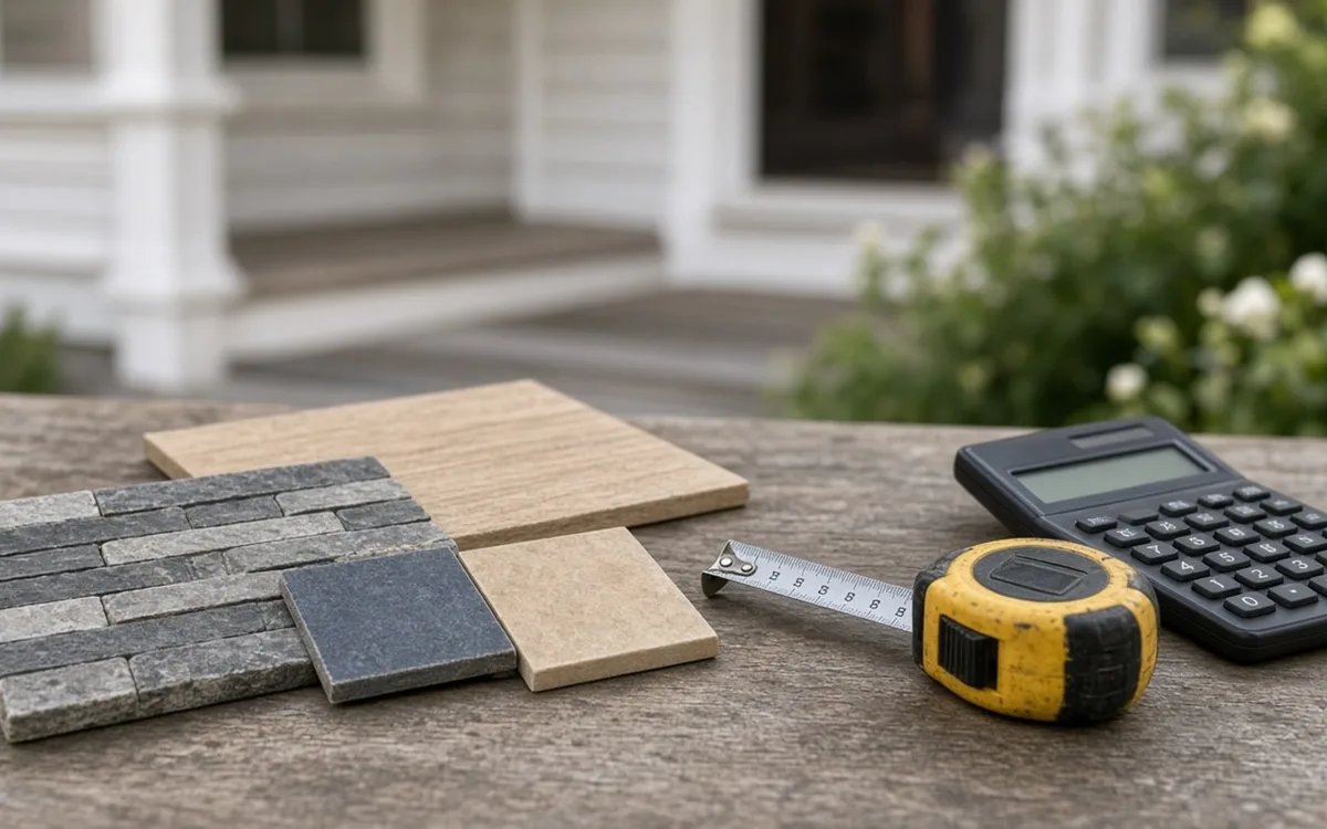 Slate stone veneer, blond wood and grey tile samples beside a tape measure and calculator on a porch table