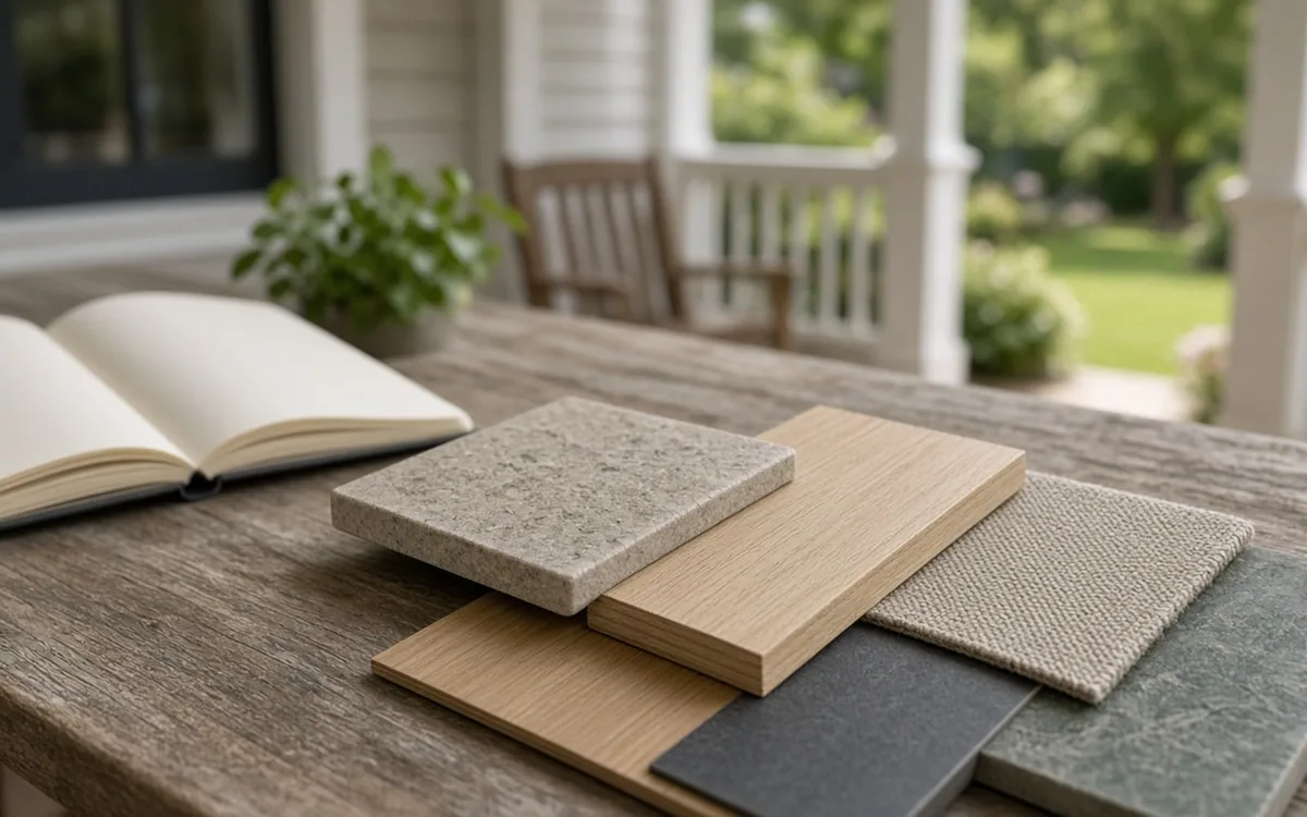 Stone, oak, textured fabric and dark slate samples fanned on a weathered table beside an open notebook on a porch