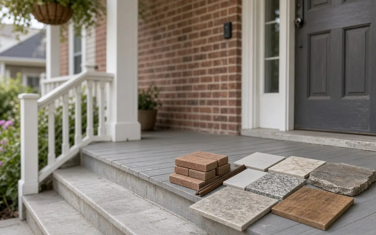 Samples of porch decking, screen mesh and column trim laid out on a workbench beside a roofing panel