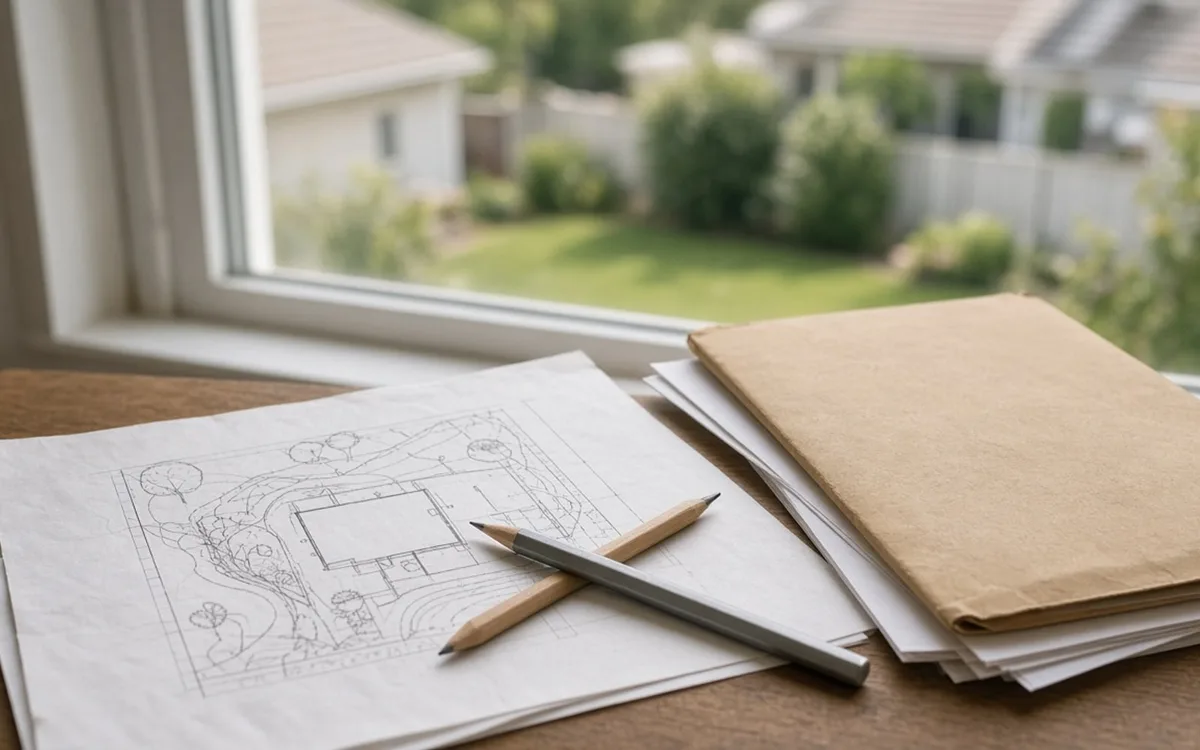 Pencil site plan of a house and yard with two pencils and a folder of papers on a desk by a window