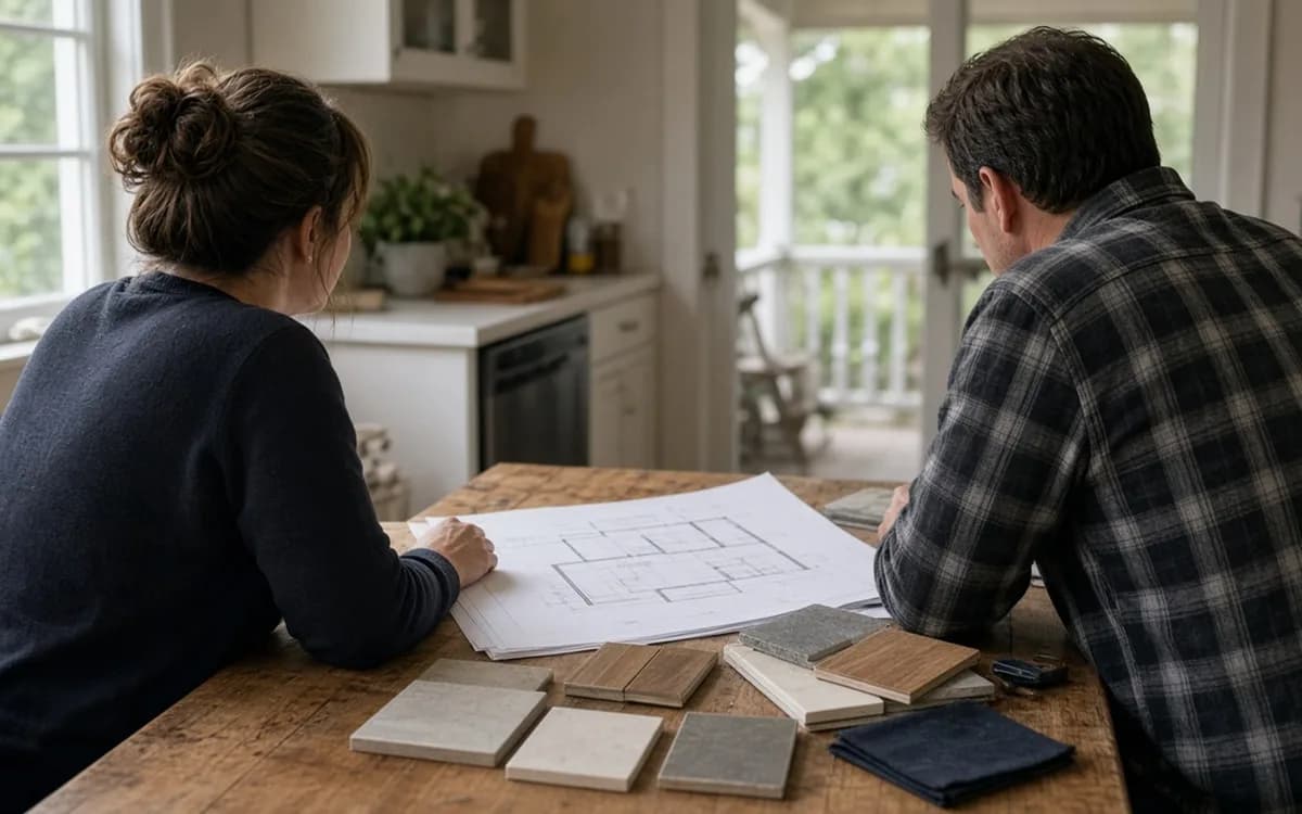 Homeowner and builder reviewing a porch elevation sketch against the front wall of a one-story house