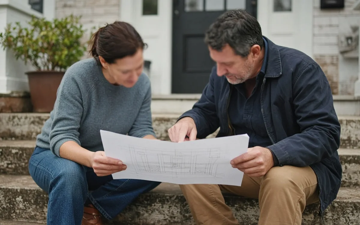 Two people sitting on worn concrete front steps looking over a large printed plan together