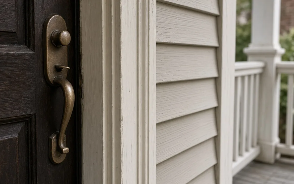 Close-up of a bronze door handleset on a dark front door beside cream lap siding, with a white porch railing