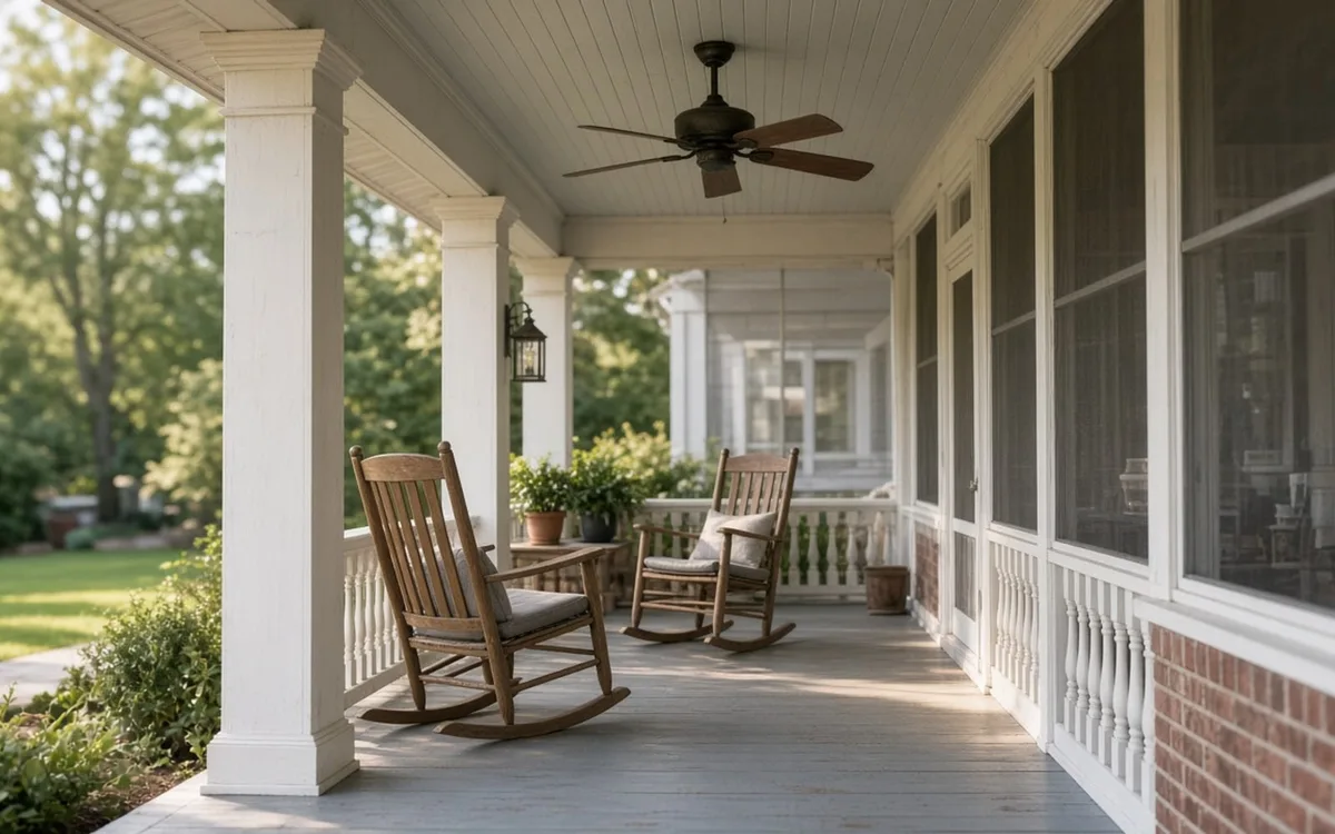 Deep covered porch with white columns, a ceiling fan, two wooden rocking chairs and screened windows on a brick house