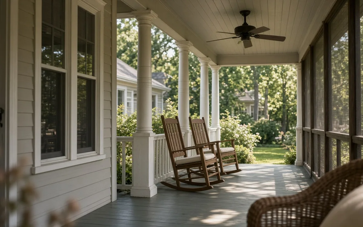 Painted porch floor with two wooden rockers, round white columns, a ceiling fan and a screened wall on the right