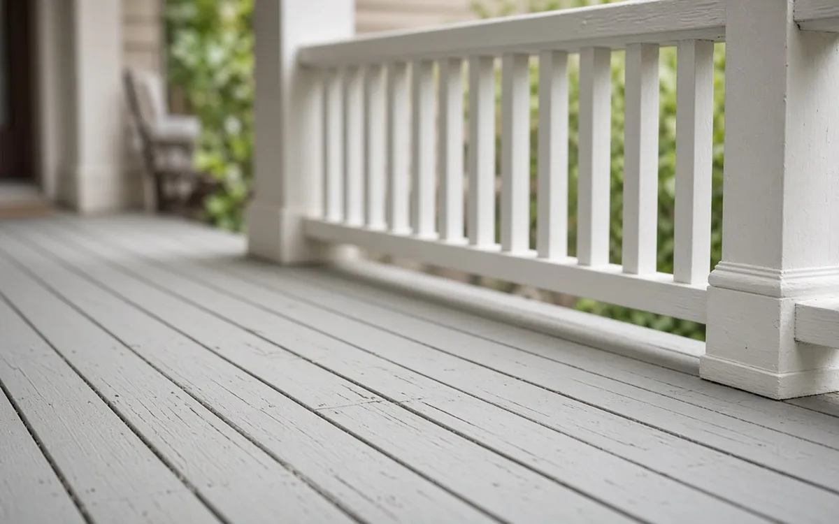 Low angle of grey painted porch floorboards running to a white square-baluster railing and post