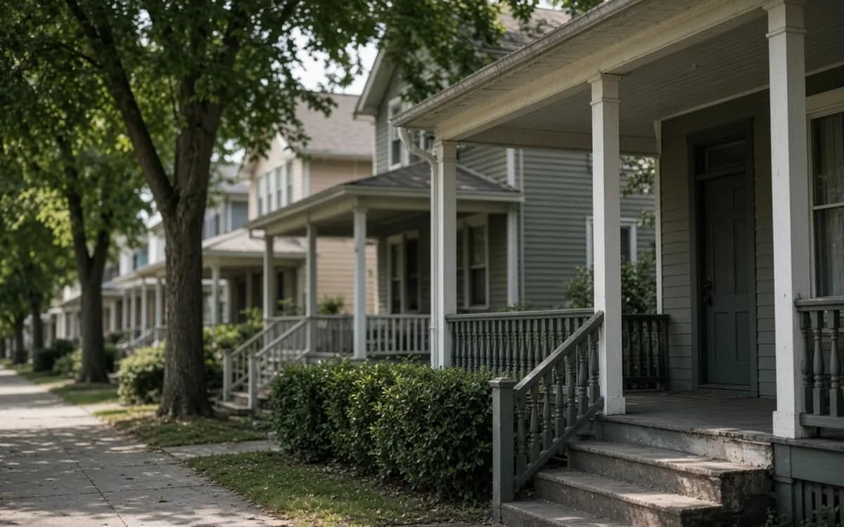Tree-lined sidewalk of houses with covered front porches, turned railings and concrete steps