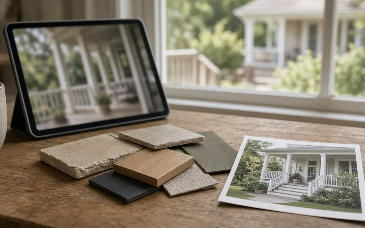 Tablet showing a white-railed porch beside stone, wood and fabric samples and a printed photo of a covered front porch