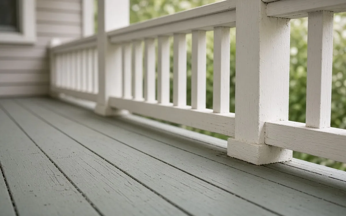Close-up of sage grey painted porch floorboards meeting a white railing with square spindles and a post base