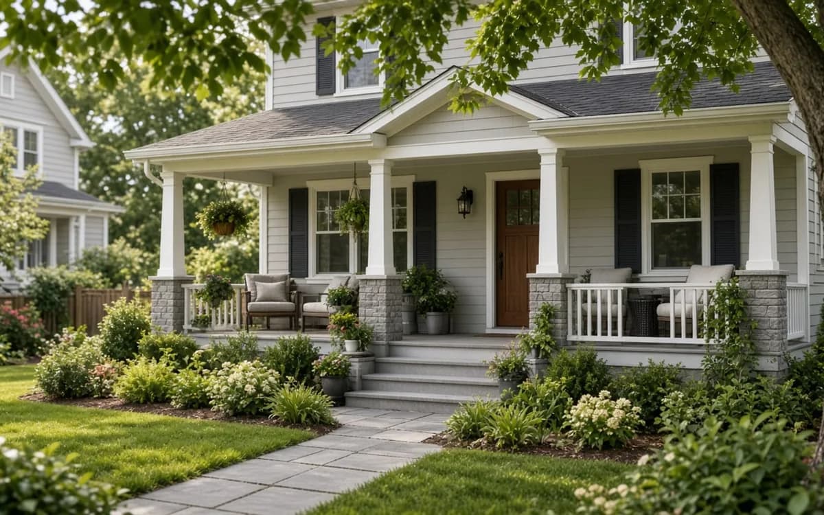 Newly built covered front porch with a shed roof, four white fiberglass columns, composite floor, painted beadboard ceiling and wide wood steps leading to a walkway