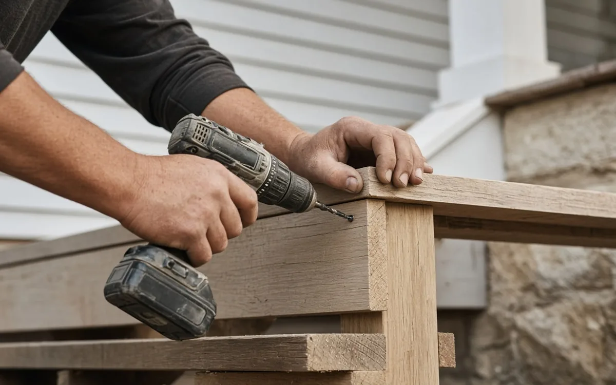 Carpenter installing step flashing and a kick-out diverter where a new porch roof meets the siding of a two-story house