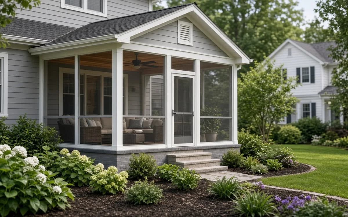 Gabled screened porch addition with white framing, a screen door, ceiling fan and wicker seating over a block base