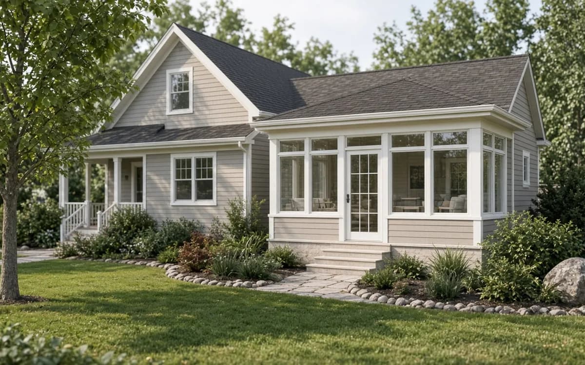 Four-season sunroom addition with low-e glass walls in white frames, an insulated shingle roof matching the house and a ductless mini-split on the interior wall