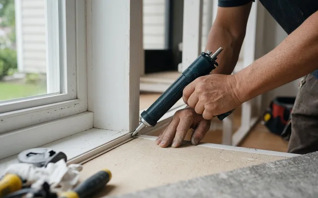 Hands running a caulk gun along the sill of a new white window frame inside a room, with tools on the ledge