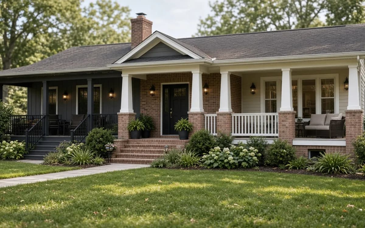 Brick ranch house with a long covered front porch, white square columns on brick piers, lanterns and a railed seating area
