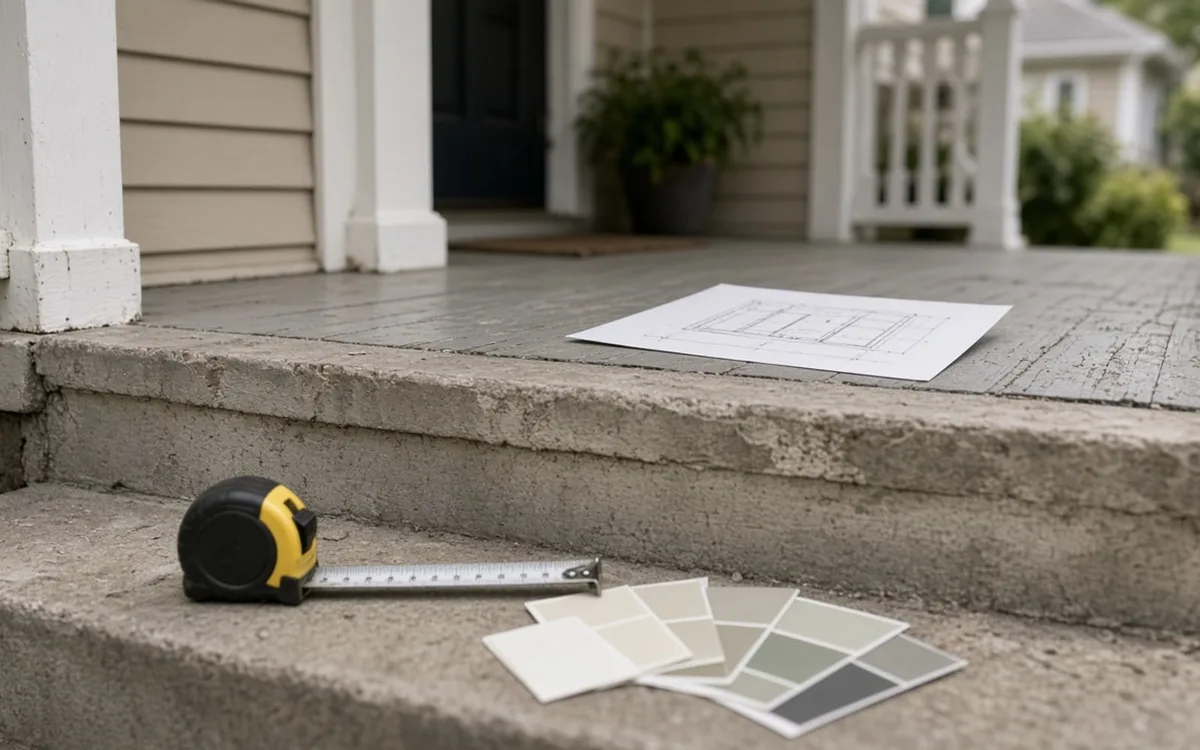 Tape measure and a fan of grey-green paint swatches on concrete porch steps, a printed plan on the porch floor