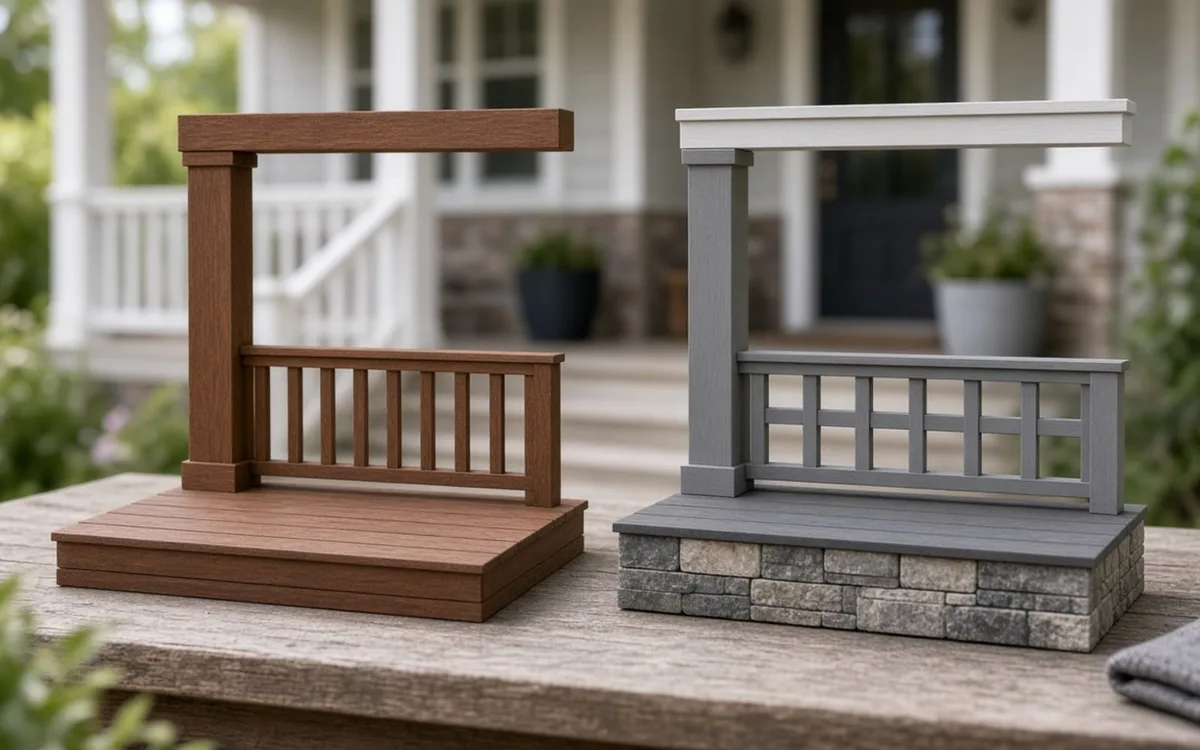 Two scale porch models on a table: brown stained wood with a railing and grey framing on a stone-faced base