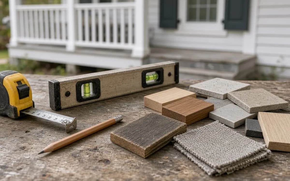 Level, tape measure and pencil on a weathered table with wood, stone and fabric samples in front of a porch railing