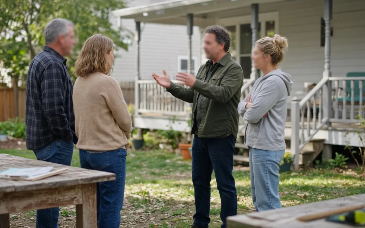 Man in a green jacket talking with three people in a yard in front of a house with a small railed porch