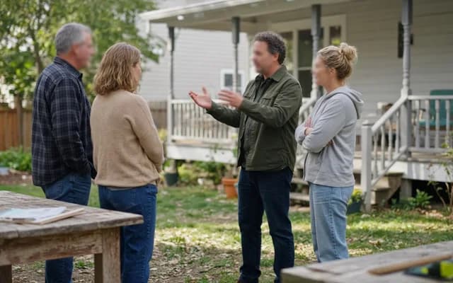 Man in a green jacket talking with three people in a yard in front of a house with a small railed porch