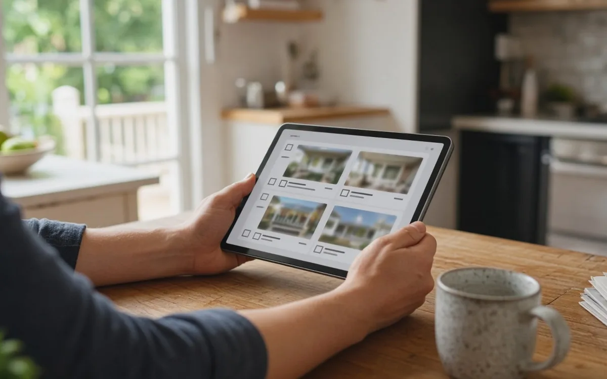Hands holding a tablet with a checklist of four porch photos at a kitchen table beside a speckled mug