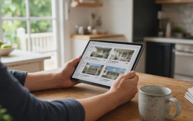 Hands holding a tablet with a checklist of four porch photos at a kitchen table beside a speckled mug